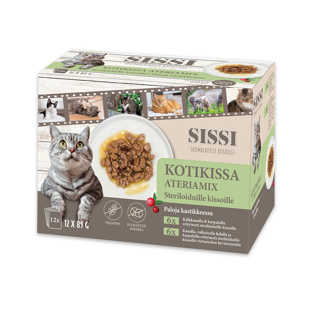 Kotikissa Sissi, Ateriamix Steriloiduille kissoille, paloja kastikkeessa 12 x 85 g