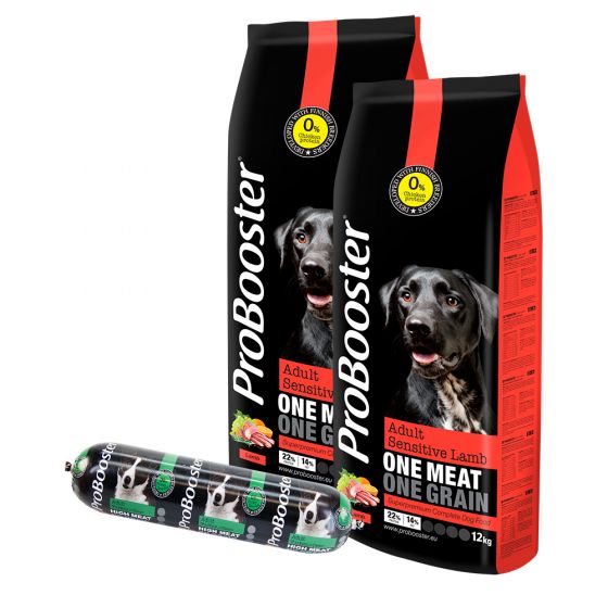2 x 12 kg Special Edition ProBooster Adult Sensitive Lamb + ProBooster Liha-ateria Kalkkuna & Peura, 800 g