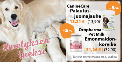 CanineCare palautusjuomajauhe ja Oropharma pet milk  alennus 5 prosenttia