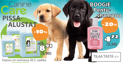 Caninecare pissa-alusta alennus 20 prosenttia ja boogie pentushampoo alennus 20 prosenttia