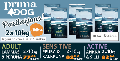 PrimaDog Adult, Sensitive ja Active paritarjous, osta 2 saat 10 prosentin alennuksen