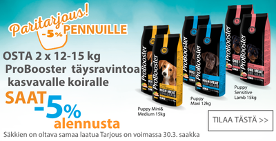 ProBooster Puppy paritarjous 2 x 12 tai 15kg säkki 5 prosentin alennus