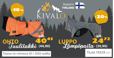 Kivalo Ohto tuulitakki alennus 10 prosenttia ja Luppo lämpöpaita alennus 20 prosenttia