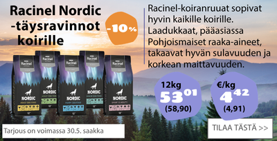 Racinel koiran täysravinnot 10 kg säkki alennus 10 prosenttia